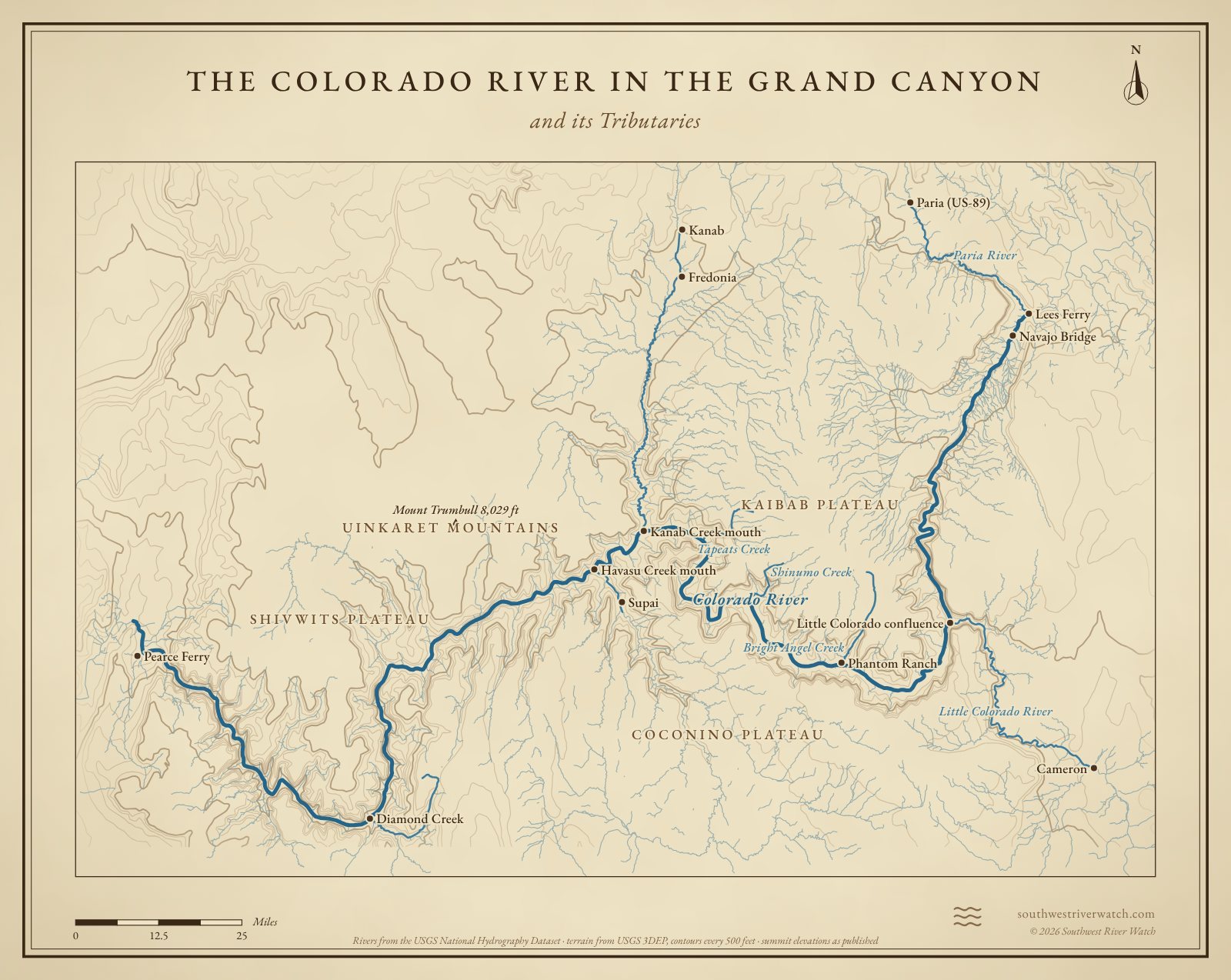 Map of the Colorado River in the Grand Canyon and its tributaries in northern Arizona, with Kaibab Plateau, Coconino Plateau, Shivwits Plateau: rivers, side canyons, contour lines and summit elevations, in a classic survey style.