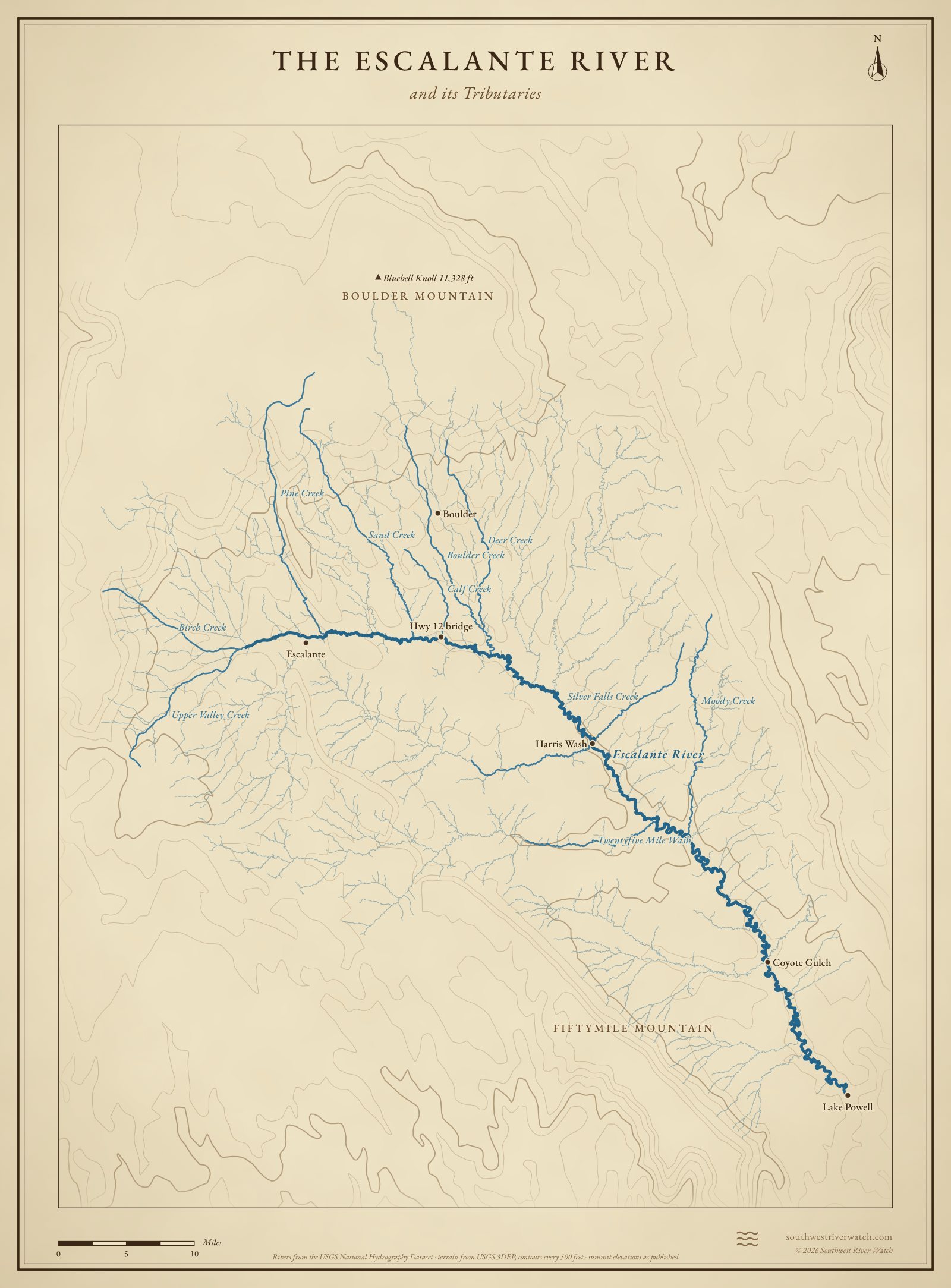 Map of the Escalante River and its tributaries in south-central Utah, with Boulder Mountain, Fiftymile Mountain: rivers, side canyons, contour lines and summit elevations, in a classic survey style.