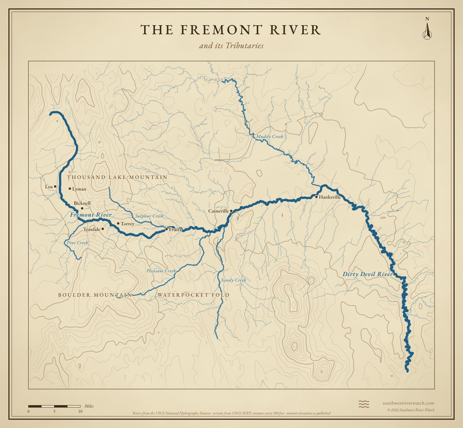 Map of the Fremont River and its tributaries in south-central Utah, with Boulder Mountain, Thousand Lake Mountain, Waterpocket Fold: rivers, side canyons, contour lines and summit elevations, in a classic survey style.