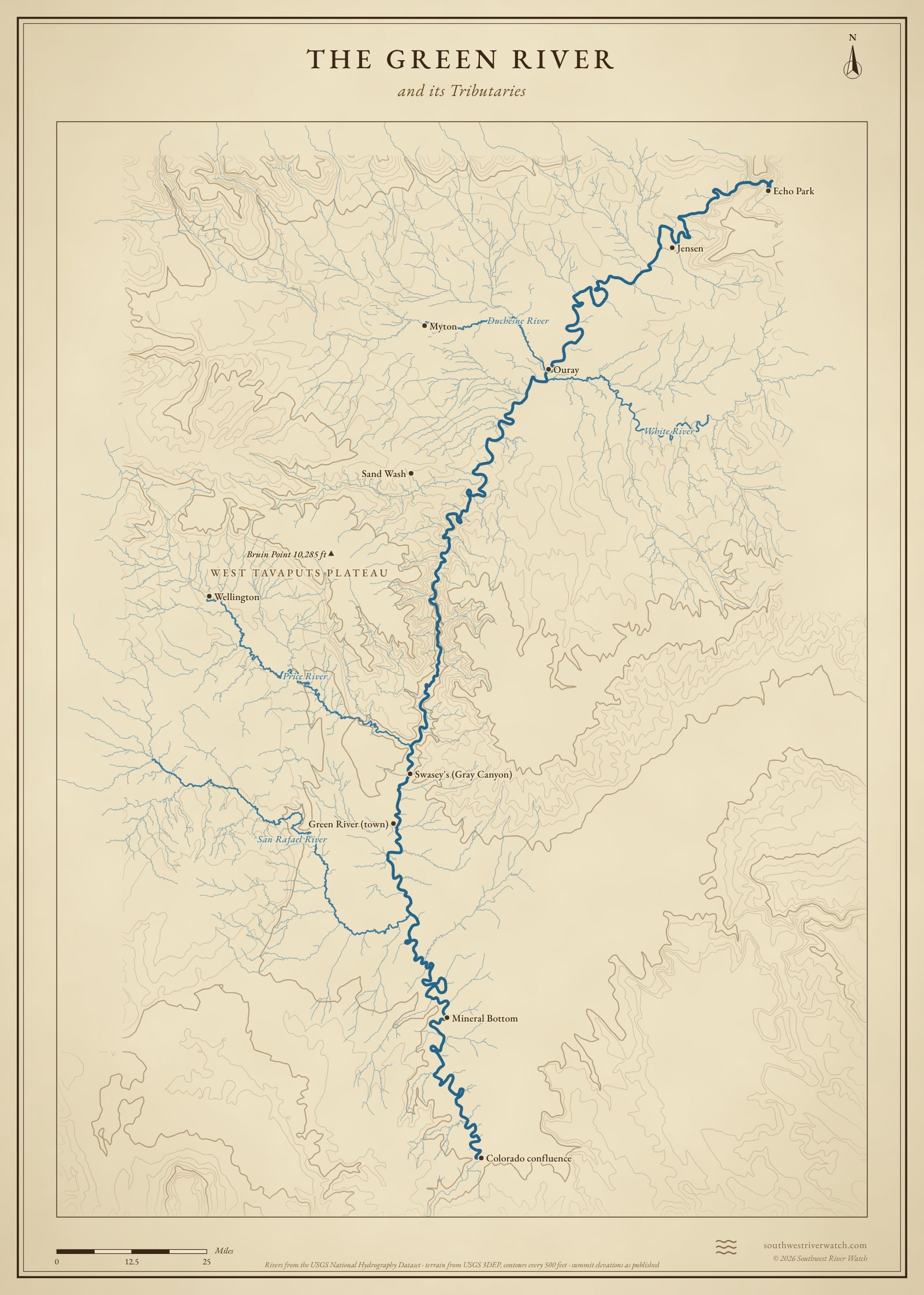 Map of the Green River and its tributaries in eastern Utah, with West Tavaputs Plateau: rivers, side canyons, contour lines and summit elevations, in a classic survey style.