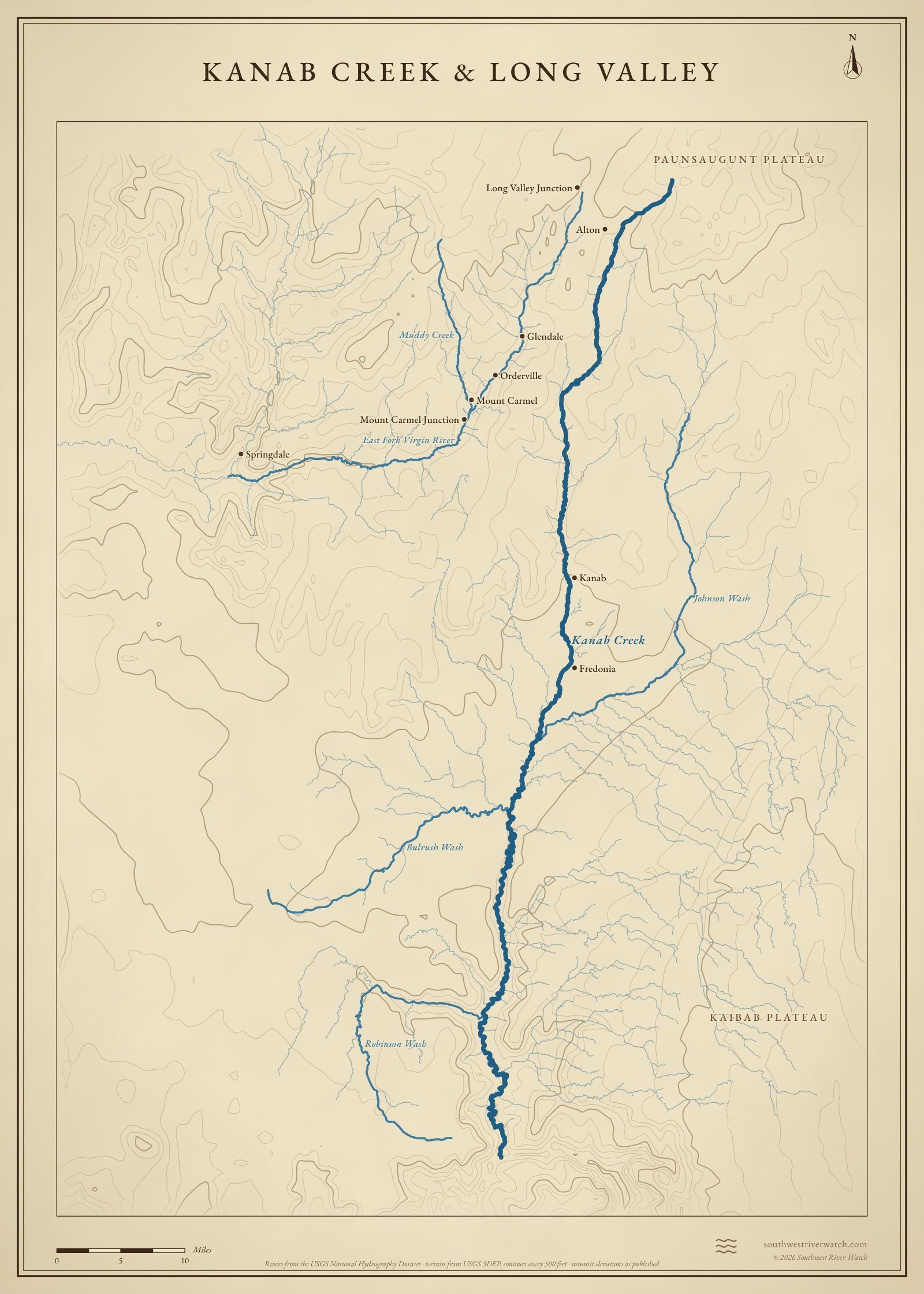 Map of Kanab Creek & Long Valley and their tributaries in southern Utah and northern Arizona, with Kaibab Plateau, Paunsaugunt Plateau: rivers, side canyons, contour lines and summit elevations, in a classic survey style.