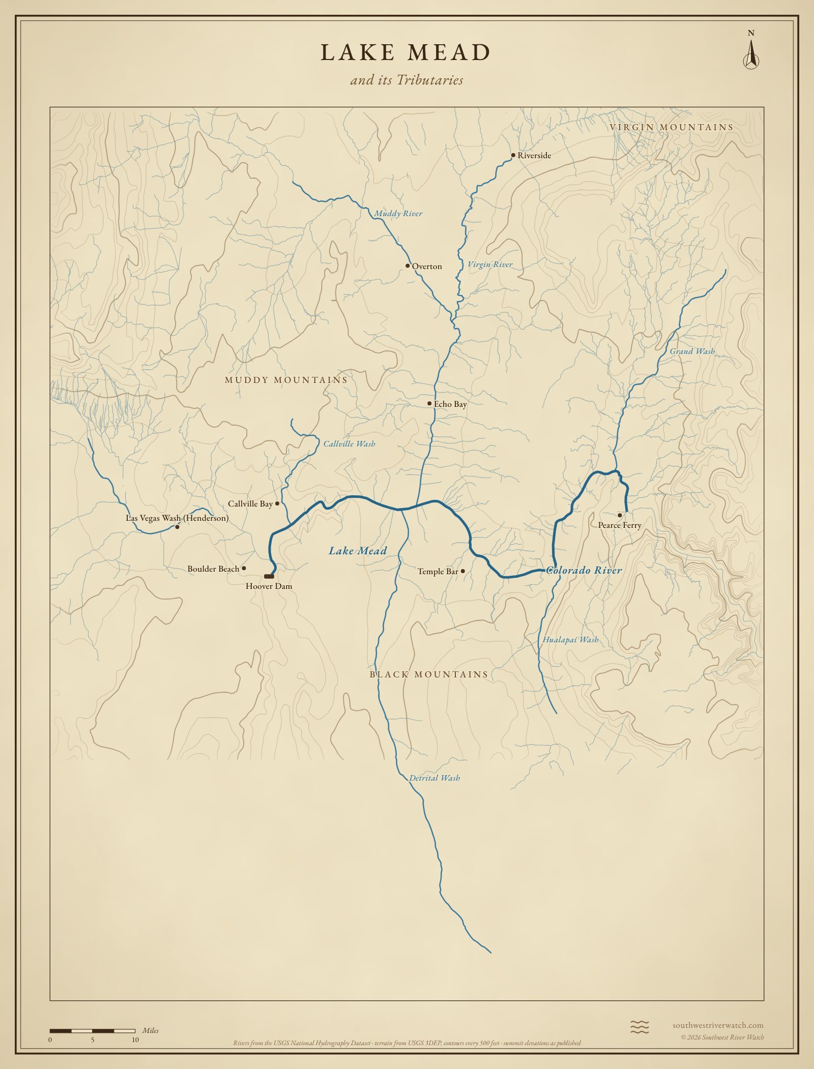 Map of Lake Mead and its tributaries in southern Nevada and northwestern Arizona, with Virgin Mountains, Black Mountains, Muddy Mountains: rivers, side canyons, contour lines and summit elevations, in a classic survey style.
