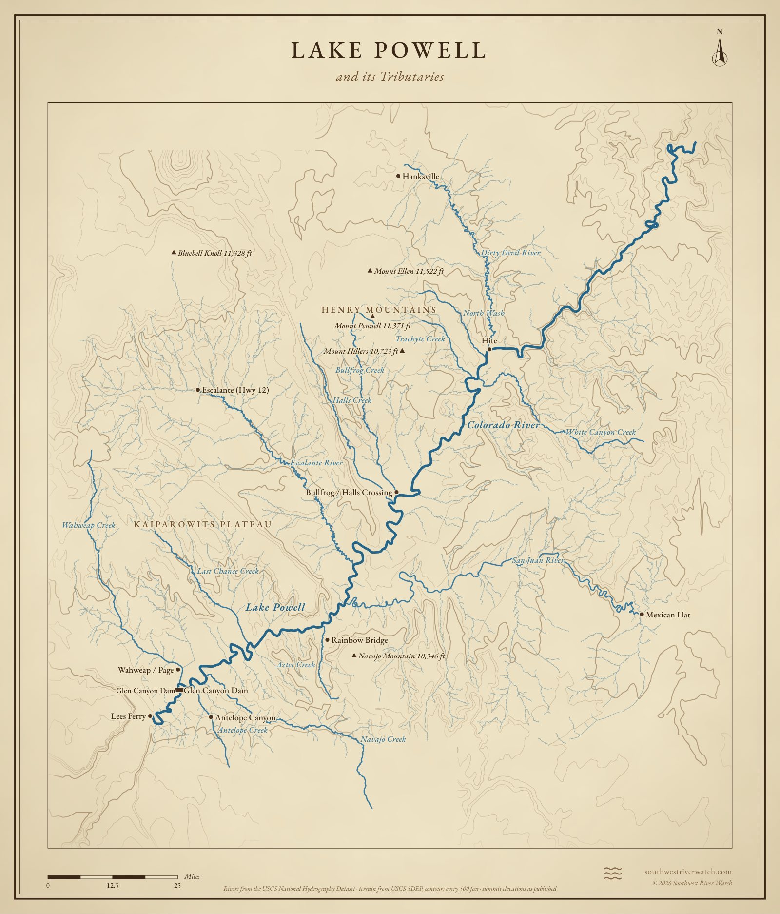 Map of Lake Powell and its tributaries in southern Utah and northern Arizona, with Henry Mountains, Kaiparowits Plateau: rivers, side canyons, contour lines and summit elevations, in a classic survey style.
