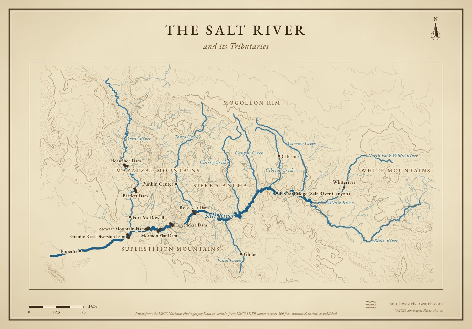 Map of the Salt River and its tributaries in central and east-central Arizona, with White Mountains, Mogollon Rim, Sierra Ancha: rivers, side canyons, contour lines and summit elevations, in a classic survey style.