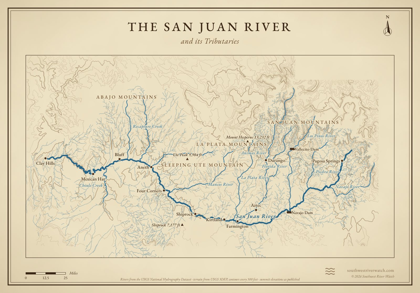 Map of the San Juan River and its tributaries in southwestern Colorado, northwestern New Mexico and southeastern Utah, with San Juan Mountains, La Plata Mountains, Abajo Mountains: rivers, side canyons, contour lines and summit elevations, in a classic survey style.