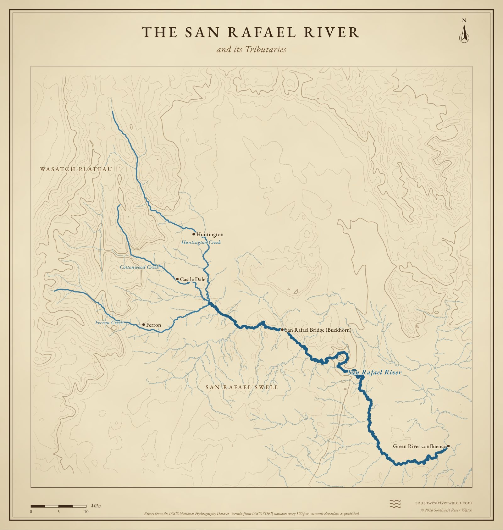 Map of the San Rafael River and its tributaries in east-central Utah, with Wasatch Plateau, San Rafael Swell: rivers, side canyons, contour lines and summit elevations, in a classic survey style.