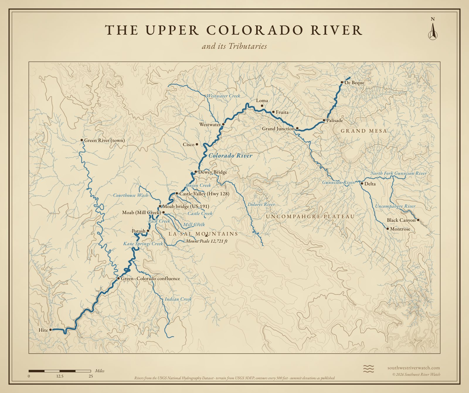 Map of the Upper Colorado River and its tributaries in western Colorado and eastern Utah, with La Sal Mountains, Grand Mesa, Uncompahgre Plateau: rivers, side canyons, contour lines and summit elevations, in a classic survey style.