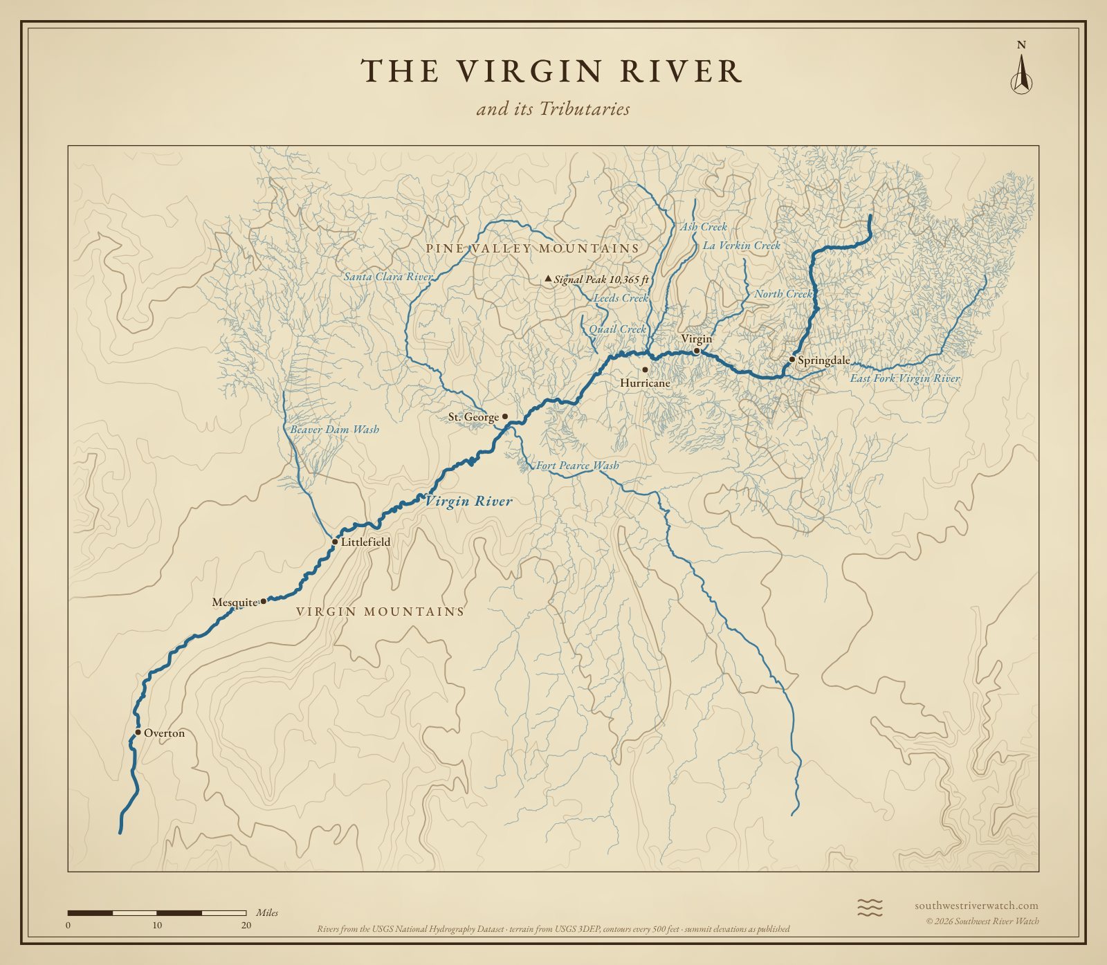 Map of the Virgin River and its tributaries in southwestern Utah, northwestern Arizona and southern Nevada, with Pine Valley Mountains, Virgin Mountains: rivers, side canyons, contour lines and summit elevations, in a classic survey style.